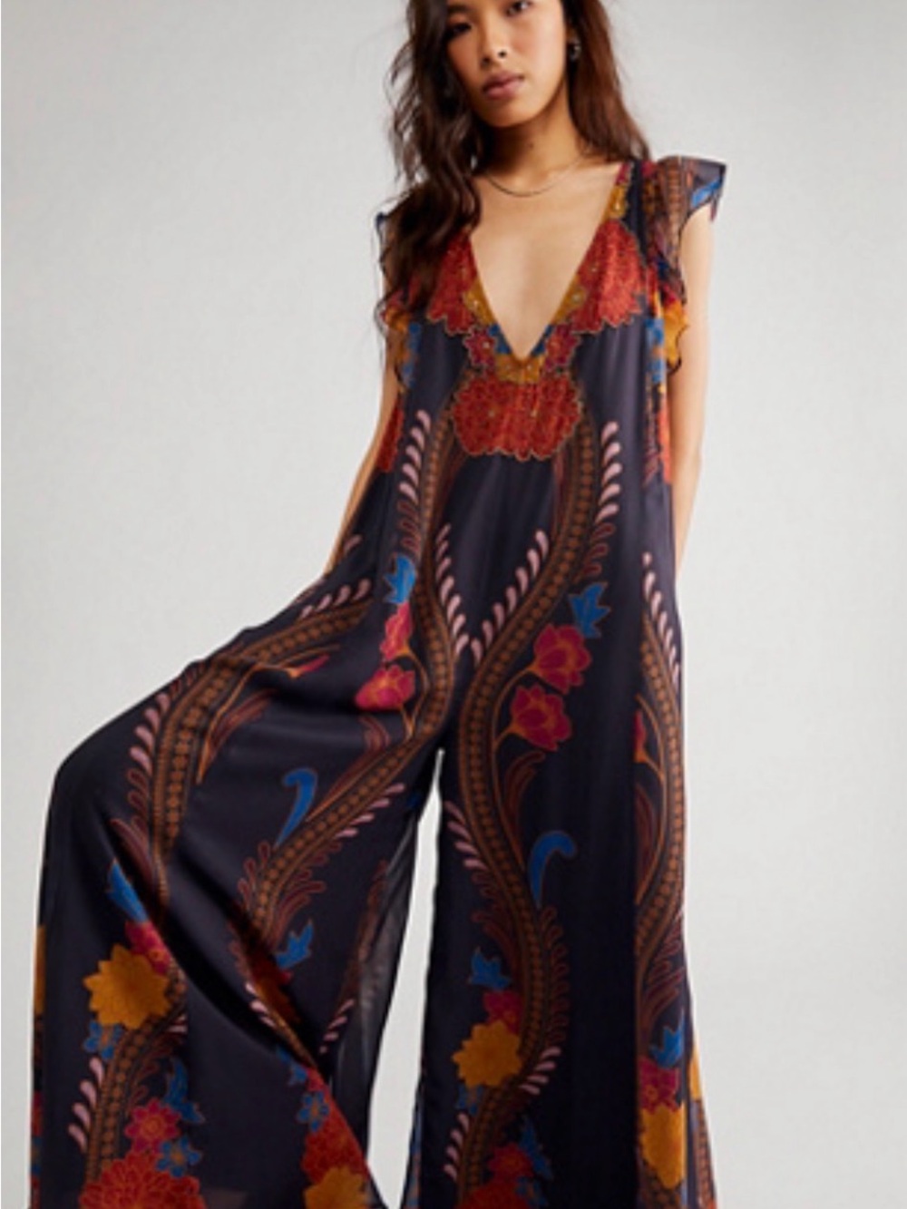 Free People Navy Floral Paisley Wide-Leg Jumpsuit